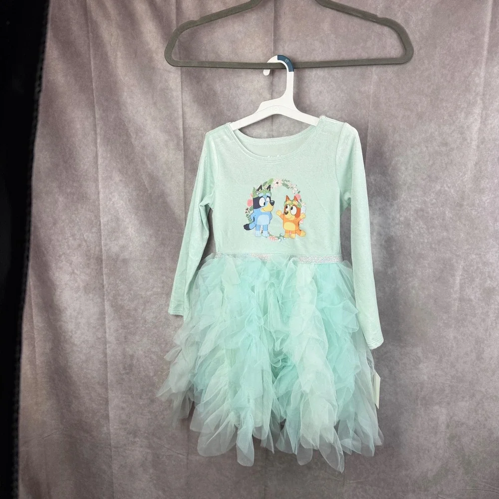Bluey Bingo Girls Mint Green Long Sleeve Tulle Tutu Dress BBLUK75CDK New 5T